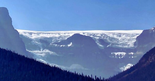 The image is of a long white glacier on top of the Rocky Mountains, high above the alpine trees.