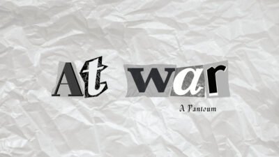 Image of newspaper clipping letters depicting the words "At War" with crumpled paper background