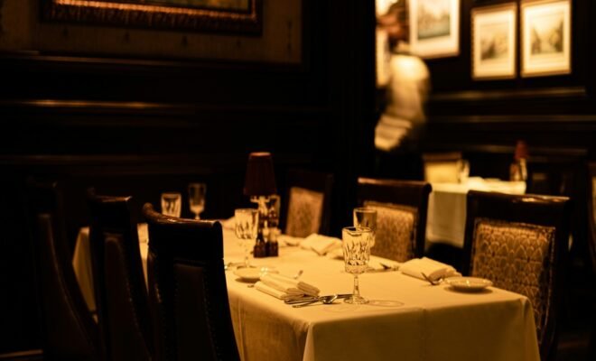 A dimly lit dining room with wooden walls with white background picture frame. A table is up against the wall with a white table cloth.