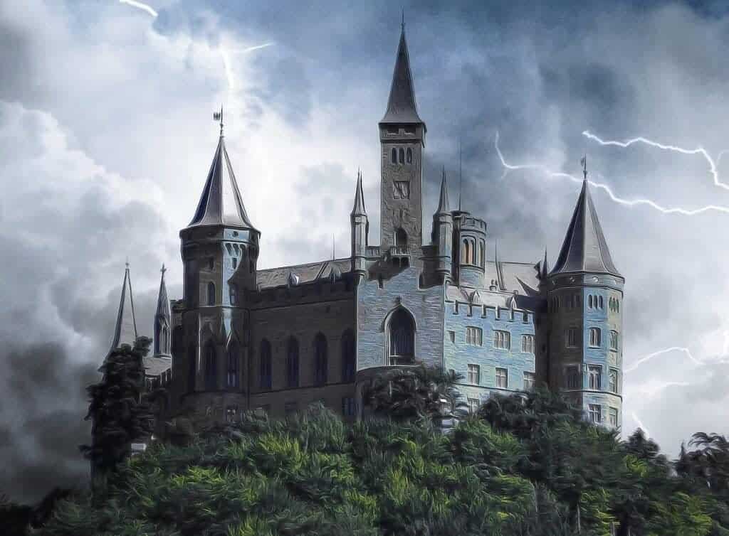 A forbidding stone castle sits atop a wooded hill while lightning clashes behind it.