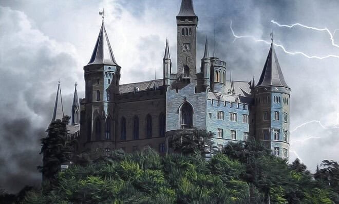 A forbidding stone castle sits atop a wooded hill while lightning clashes behind it.