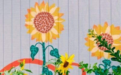 The image is my photo of wall mural on Belmont Community Centre, depicting bright and peaceful sunflowers