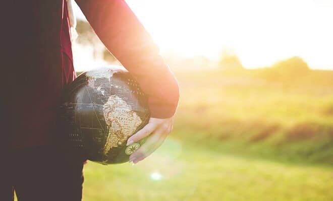 A person holding a globe ball