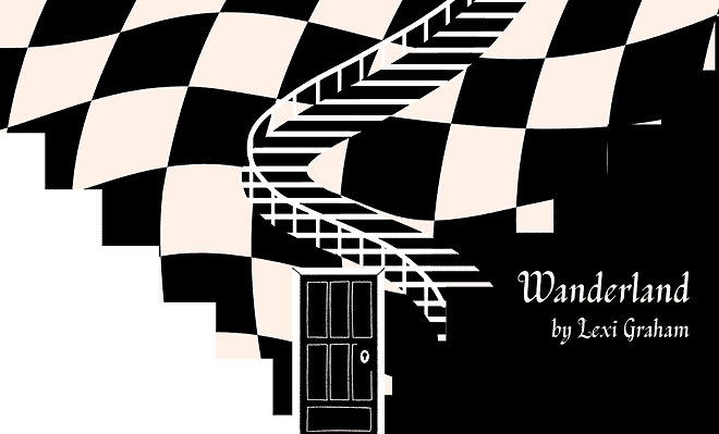Image of optical illusion staircases with the title "Wanderland by Lexi Graham" depicted