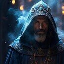 Surrounded by smoke, a dark, hooded Sorcerer gives a menacing stare.