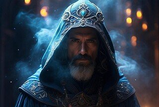 Surrounded by smoke, a dark, hooded Sorcerer gives a menacing stare.