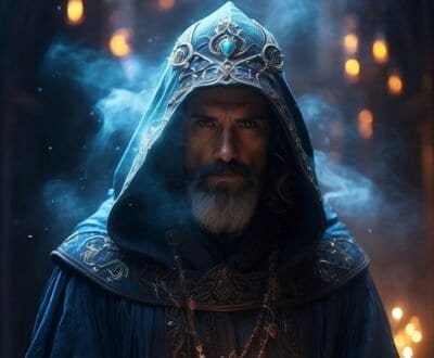 Surrounded by smoke, a dark, hooded Sorcerer gives a menacing stare.