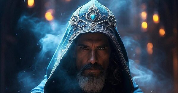 Surrounded by smoke, a dark, hooded Sorcerer gives a menacing stare.