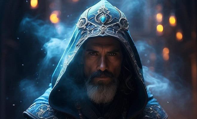 Surrounded by smoke, a dark, hooded Sorcerer gives a menacing stare.