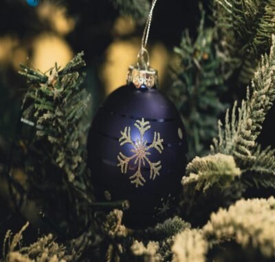 A pine tree with a blue ornament with a sparkly winter snowflake.