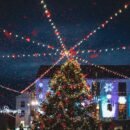 A lit-up Christmas tree