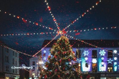 A lit-up Christmas tree