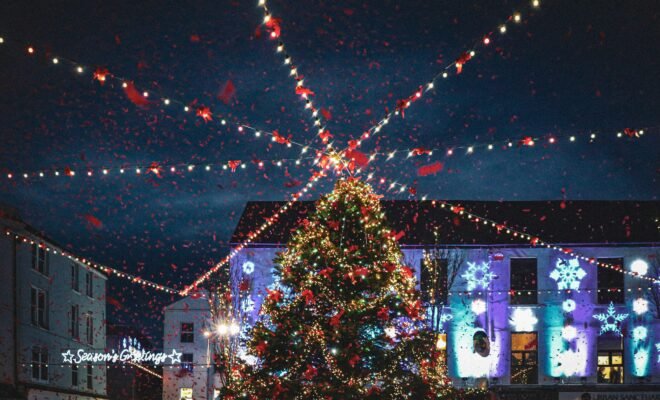 A lit-up Christmas tree