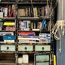 The image is of an old bookcase which sits in the corner of my favorite cafe