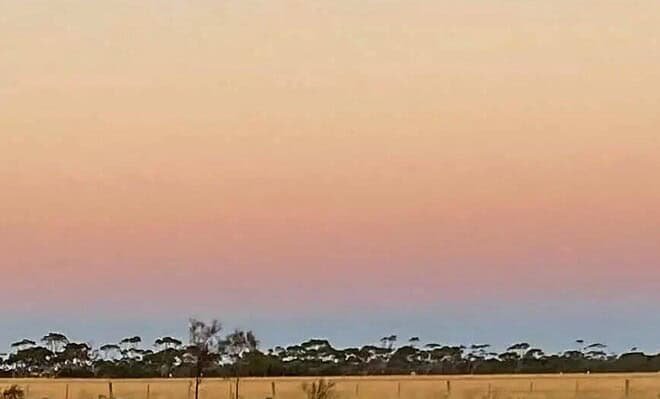 The image shows the color of the dawn sky above the western horizon