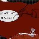 Image of a journal-like collage with symbols of time and writing with the text "Sanctuary: A Sonnet"