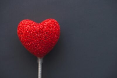 A red heart on a white stem against a dark gray background