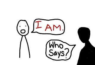 A digital drawing of two figures. One says: "I am." The other responds, "Who says?"