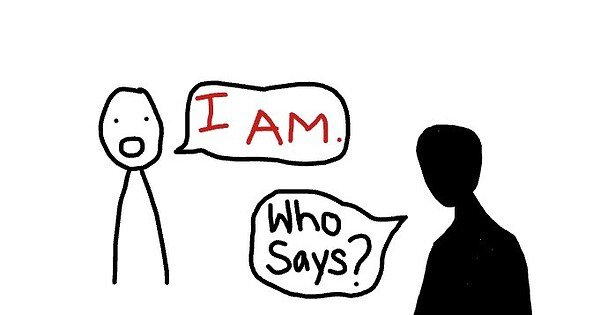 A digital drawing of two figures. One says: "I am." The other responds, "Who says?"