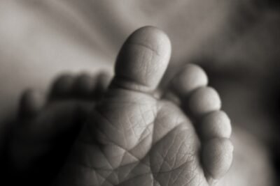 Black and white picture of baby feet