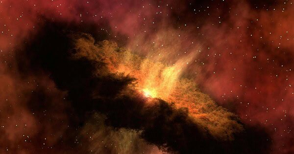 In space, a cloud of dust rings a yellow, flaming star.