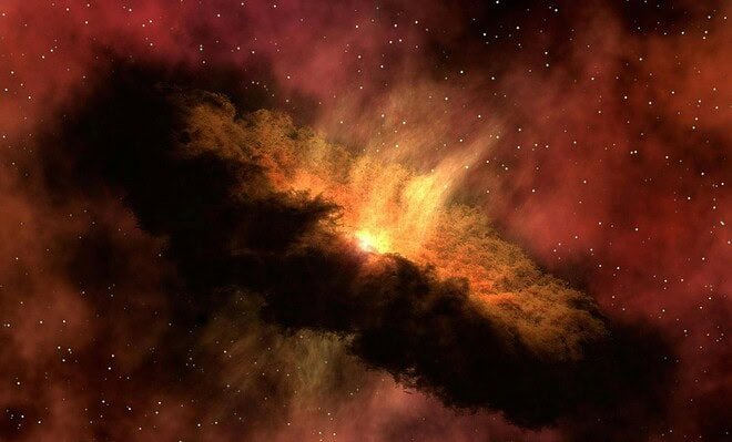 In space, a cloud of dust rings a yellow, flaming star.