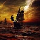 A dark orange and yellow tinted picture fading into black ocean scene with two ships sailing. The one in the foreground is a pirate ship and the smaller one is chasing after the pirate ship. In the background there is a lighthouse.