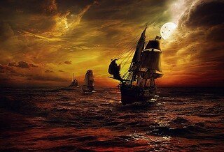 A dark orange and yellow tinted picture fading into black ocean scene with two ships sailing. The one in the foreground is a pirate ship and the smaller one is chasing after the pirate ship. In the background there is a lighthouse.