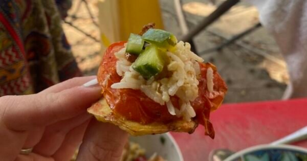 A small mouthful of food is held up to the camera.