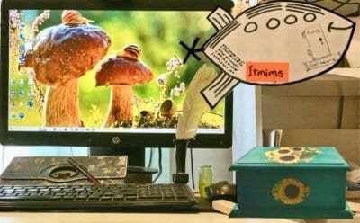 The image is a photomontage of my computer desk, a Pandora Box, and my imaginary space craft, 'ITMIMS' (Ivor's Time Machine In Micro Space)