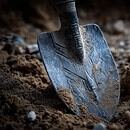 the head of shovel is pointed down into dirt.