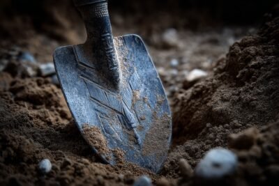 the head of shovel is pointed down into dirt.