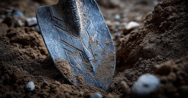the head of shovel is pointed down into dirt.