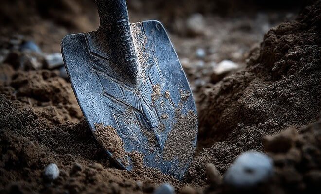 the head of shovel is pointed down into dirt.