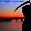 Grim reaper looks across a bay at a city's skyline outlined by an orange sunrise.