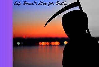 Grim reaper looks across a bay at a city's skyline outlined by an orange sunrise.