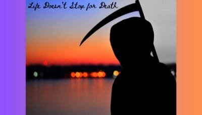 Grim reaper looks across a bay at a city's skyline outlined by an orange sunrise.