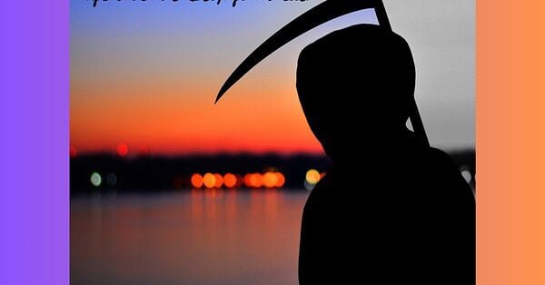 Grim reaper looks across a bay at a city's skyline outlined by an orange sunrise.