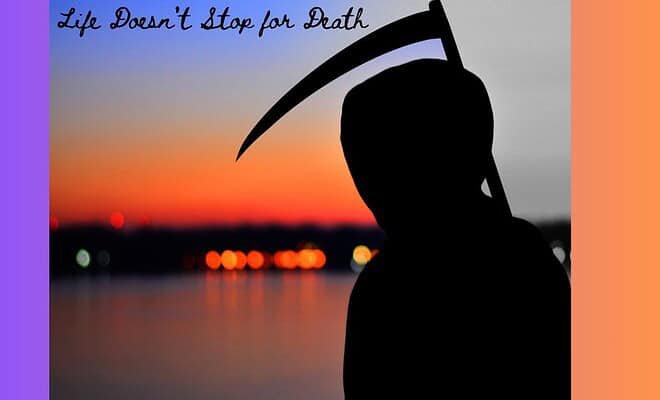 Grim reaper looks across a bay at a city's skyline outlined by an orange sunrise.