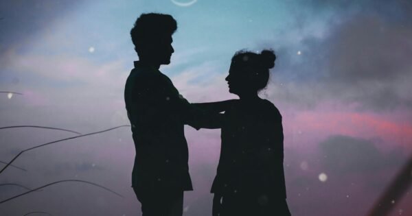 The silhouette of a man and a woman standing outside underneath a twilight sky.