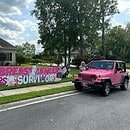 Yard sign says 20 year breast cancer survivor and a pink jeep at the curb