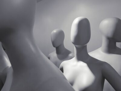 a group of faceless white mannequins standing and facing different ways.