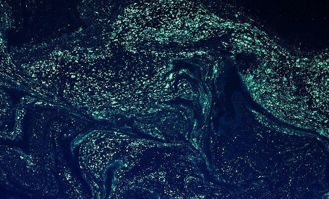 A dark blue sky-like background with turquoise light specs going across.