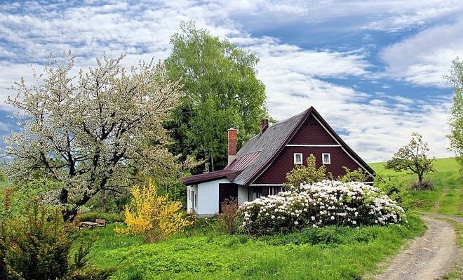 A lone cottage framed by spring trees, white blossoms, and a dirt footpath