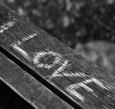 A black and white background with the words "I love" etched into a piece of wood.