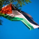 There is a clear blue background and a sight tree branch in view as the photo is focused on a Palestinian flag flying, showing solidarity with Palestine as a whole.
