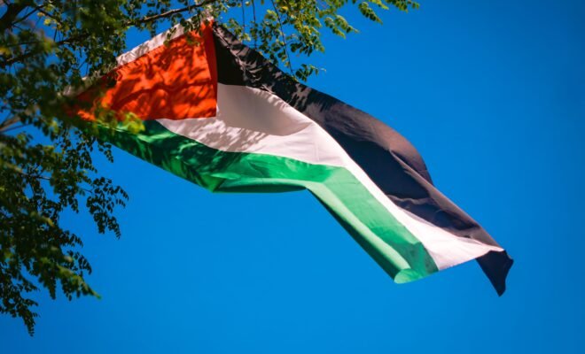 There is a clear blue background and a sight tree branch in view as the photo is focused on a Palestinian flag flying, showing solidarity with Palestine as a whole.