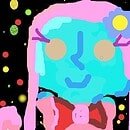 A child's drawing of a green-skinned girl with fuchsia hair and a pink gown, set against a black background with colorful splotches