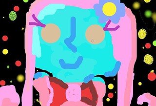 A child's drawing of a green-skinned girl with fuchsia hair and a pink gown, set against a black background with colorful splotches