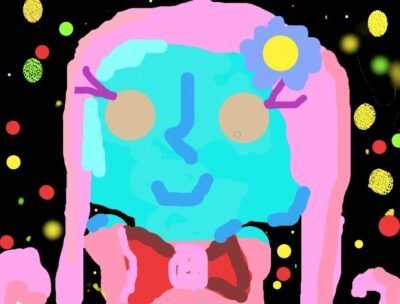 A child's drawing of a green-skinned girl with fuchsia hair and a pink gown, set against a black background with colorful splotches